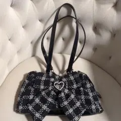 ツイード ハンドバッグ ブラック・ホワイトチェック リボン付き