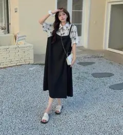大きいサイズ レディース ワンピース　ロング　春夏 秋 新品 半袖　重ね着風