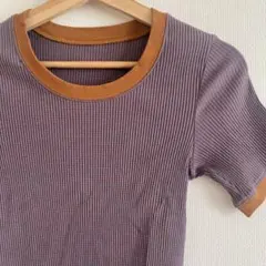 【値下げ】SHOPTK リブ編み 配色 パープルTシャツ 半袖 リブTシャツ