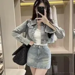 Y2K デニムジャケット セットアップ ブルー キラキラ M