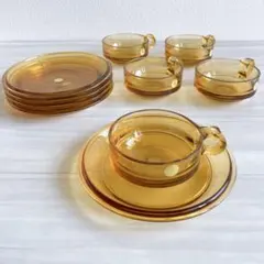 HOYA レトロなガラスのカップ&ソーサー 5客 冷水用 アンバー 琥珀
