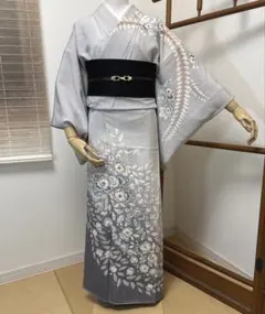 【作家物】一つ紋辻が花 訪問着 袷 正絹 落款 絞り 手描き　裾ぼかし グレー
