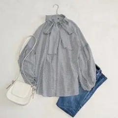 ミラオーウェンMilaOwen ボウタイバンドカラーブラウス ギンガムチェック