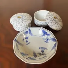 昭和レトロ たち吉・花柄のお皿　有田焼・蓋付保存容器セット