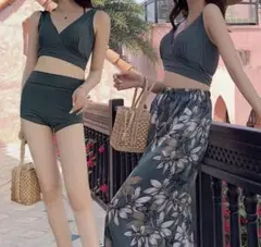 ダークグリーン セパレート水着 花柄パンツ付き 3点セット