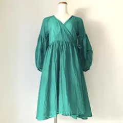 美品 フリークスストア ボリュームスリーブ カシュクール シアーワンピース 緑のサムネイル