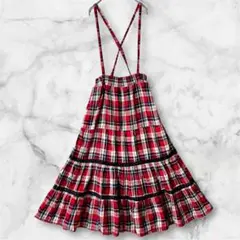 レッド系チェック柄 クロスストラップ フレアスカート ウエストゴム M