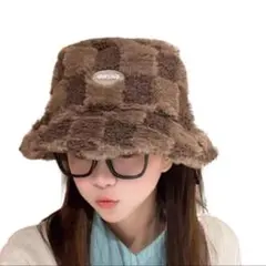 バケットハット ファー　ボアハット バケハ もこもこ　帽子　小顔効果 ブラウン