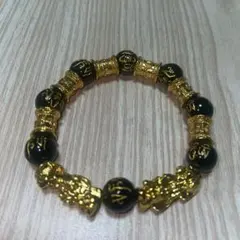 ★黒曜石 幸運 開運 財運 財神★ 数珠ブレスレット !!!! ☆gold色☆