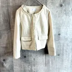 index 美品　ラメ入り ツイード ノーカラージャケット M 白系 フリンジ