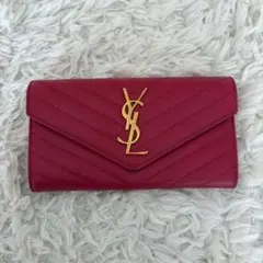 美品✨サンローランパリ 長財布 カサンドラ Vステッチ ピンク 金ロゴ レザー