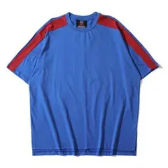 【5分袖】ブルー★デザイン ビッグTシャツ★ラインスリーブ★ゆるっとスポーティ