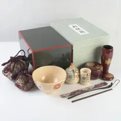 新一閑 青海波 茶箱 茶道具 茶碗 棗 振出菓子器 茶巾筒 茶筅 茶杓 仕覆