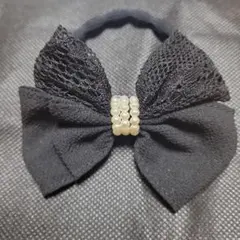 黒リボンヘアゴム パール風ビーズ付き