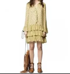 ザディグエヴォルテール　花柄シフォンワンピース　イエロー　フリル　S