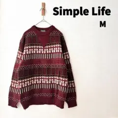 Simple Life 長袖 ニット M ボルドー 総柄 ノルディック柄