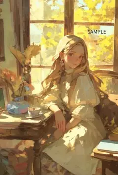 2670秋の窓辺の少女ステッカー