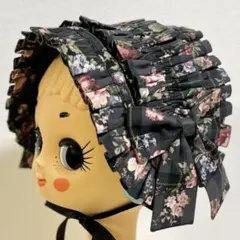 ロココチェックヘッドドレス(ニュアンスグレー)ハンドメイド ロリータ 花柄 黒