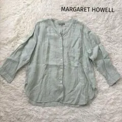 MARGARETマーガレットハウエル　リネン100　リボン　バンドカラー　シャツ マーガレットハウエル バンドカラーシャツ リネン100％ 白 七分袖