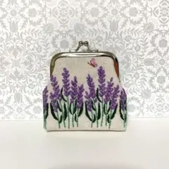 ラベンダーと蝶の刺繍　がま口　ポーチ 手刺繍　ハンドメイド