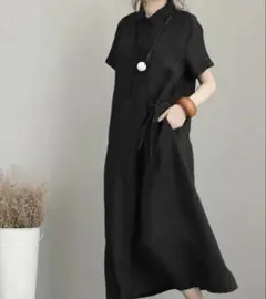 ワンピース　M ブラック　黒　可愛い　オールシーズン　おしゃれ　リネン