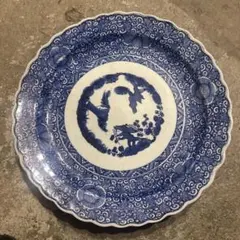 古伊万里 江戸 明治期 染付 鯉の滝登り 輪花皿 陶磁器 大皿40センチ