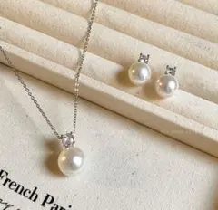 専用 セット一粒パール ダイヤ ネックレス イヤリング ステンレス シルバー