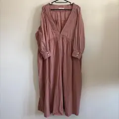 美品　アマカ　綿麻　ボリュームスリーブ　フレアロングワンピース　オレンジ 美品 アマカ 綿麻 ボリュームスリーブ フレアロングワンピース