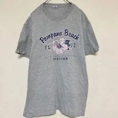 ★美品❣️海外古着 グレー 半袖 Tシャツ プリント ハイビスカス ビーチ