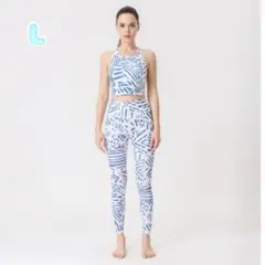 新品★ヨガウェア上下セット　ホワイト x ブルー　サイズ：L