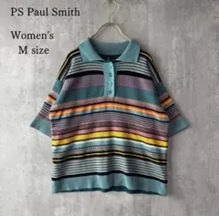 ポールスミス マルチストライプ ニットポロシャツ 半袖 ブルー M 良品