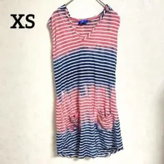 【XS】 ストライプ ノースリーブ ワンピース 古着 カジュアル フード