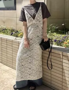 オフホワイト レース キャミ ワンピース レイヤード