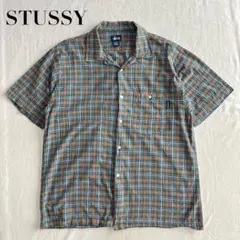90s 紺タグ STUSSY チェック柄 オープンカラー 半袖シャツ M