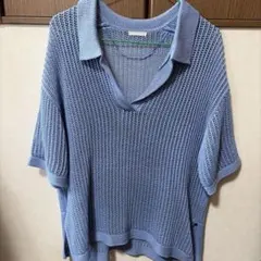 GU メッシュ編み半袖ニット Vネックライトブルー