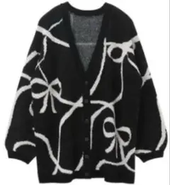 リボン柄 フェザー ニット カーディガン カーデ ニット リボン 黒 白