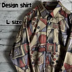 VINTAGE　柄シャツ　ポリシャツ　幾何学模様　総柄　長袖 メンズL