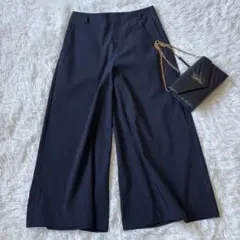 美品　グリーンレーベルリラクシング　ワイドパンツ　ネイビー　ストレッチ◆6416