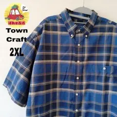 USA古着 TOWNCRAFT半袖ボタンシャツ2XL90sブルーブラックチェック