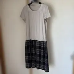 アリスバーリー 半袖ワンピース ウエスト切り替え ベージュ×黒チェック 11号