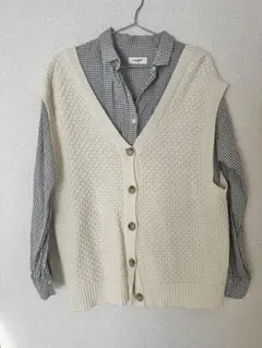 studio CLIP アイボリー ニットベスト チェックシャツ付き