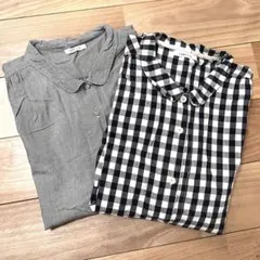 ◉COMPLETE　2枚セット　前あき長めパジャマ(上)　青チェック　グレー　S