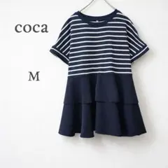 coca M ボーダー切替ワンピース フレア チュニック 2段フリルTシャツ