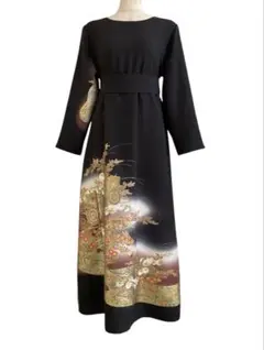 留袖ワンピース　留袖ドレス　着物リメイクロングワンピース　ハンドメイド　黒留袖