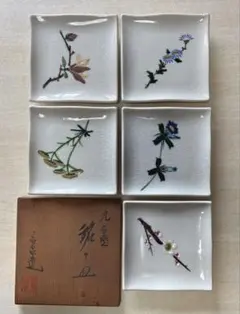九谷焼 銘々皿5枚セット 木箱入 レトロ 角皿 未使用品のサムネイル