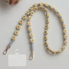 スマホショルダーストラップ/花柄マクラメ編み【イエロー×グレー×ブラウン】