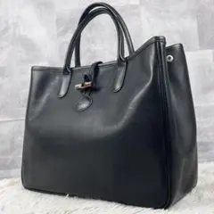 A4可 美品 ロンシャン レザー トートバッグ ロゾ ロゴ型押し トグル 黒