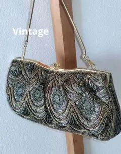 昭和レトロ ビーズバッグ 花柄 がま口 総ビーズ パーティーバッグ ヴィンテージ