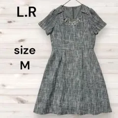 ツィードワンピース　半袖　グレー　M アクセサリー付き　膝丈ワンピース　パール