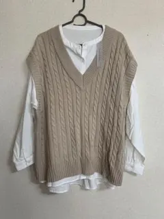 ベージュ ケーブル編み Vネック ニットベスト　2点セット　4 L